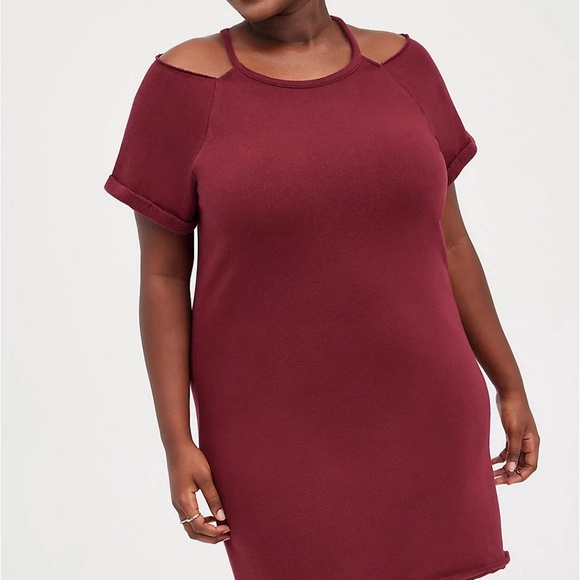 Torrid Dress 3X Burgundy/Wine Cold Shoulder Cut Out Mini Plus Relaxed Lounge New - Picture 2 of 5